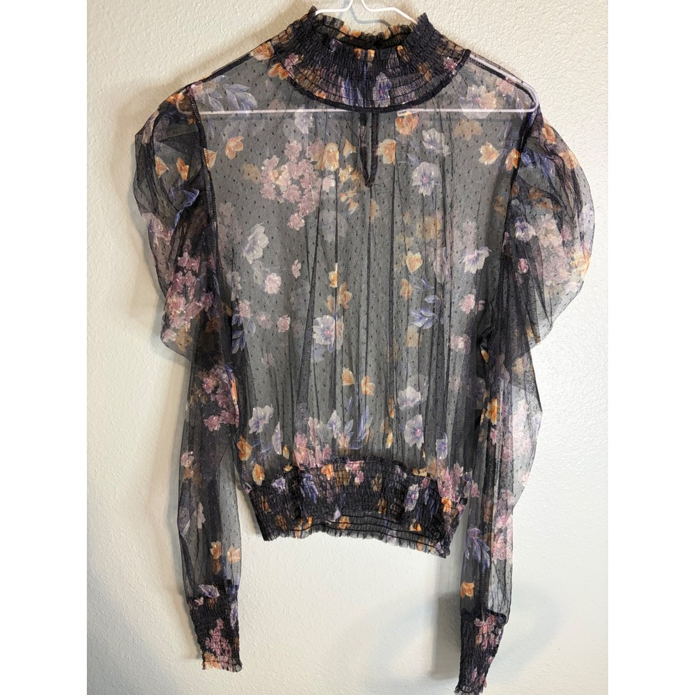 L.I.F.E. Love Is For Eternity Floral Sheer Mesh Smocked Puff Sleeve Blouse XL
